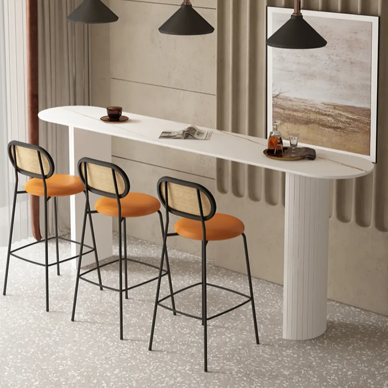 Scandinavian Oblong Black Stone Ribbed Steel Bar Tables