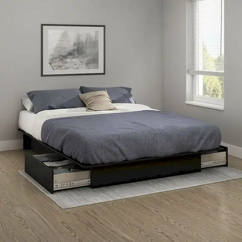Queen Platform Bed Frame with 2 Storage Drawers – Black