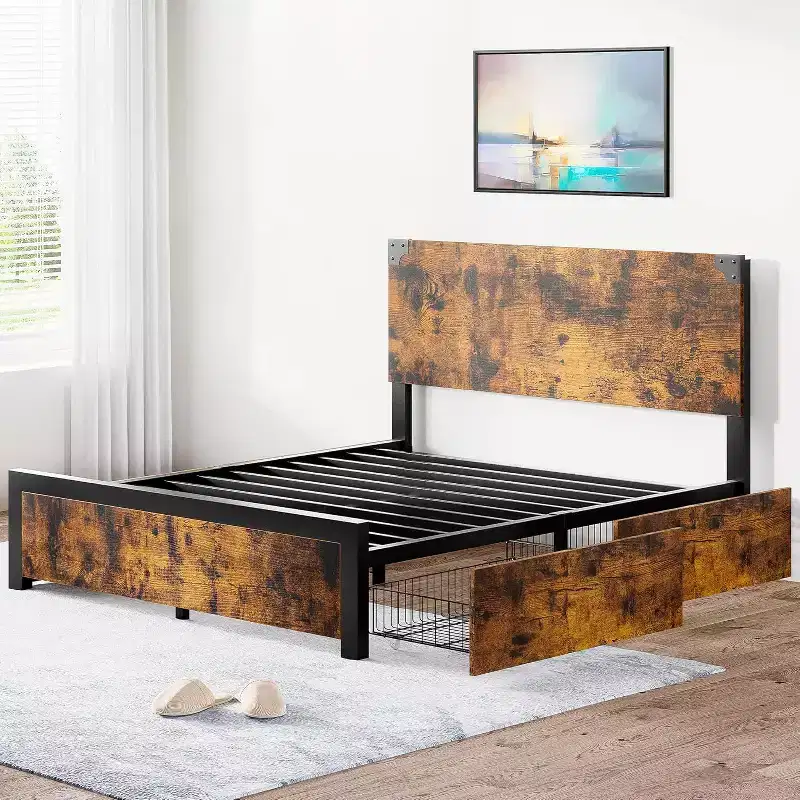 Acekool Industrial Platform Bed Frame with Wood Headboard & 4 Storage Drawers, Metal Mattress Foundation, No Box Spring Required