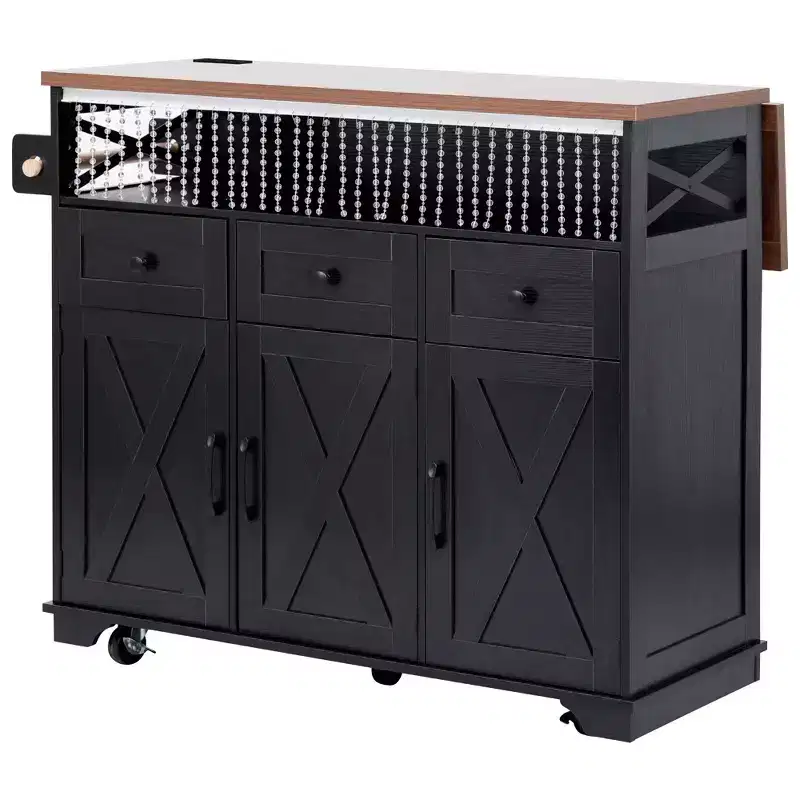 46.5 Farmhouse Kitchen Island with Power Outlet & Beaded Drape - Rolling Cart with Drop Leaf, 3 Drawers & Locking Wheels