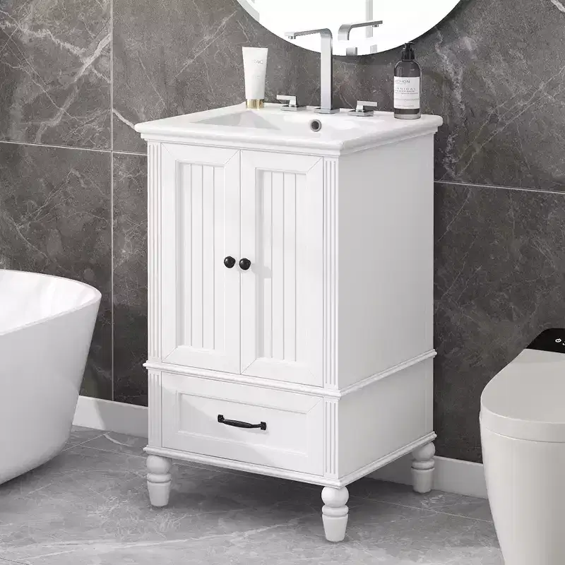 20 Small Bathroom Vanity Sink Combo with Storage , Wood Bathroom Floor Cabinet with Drawers and Doors, White
