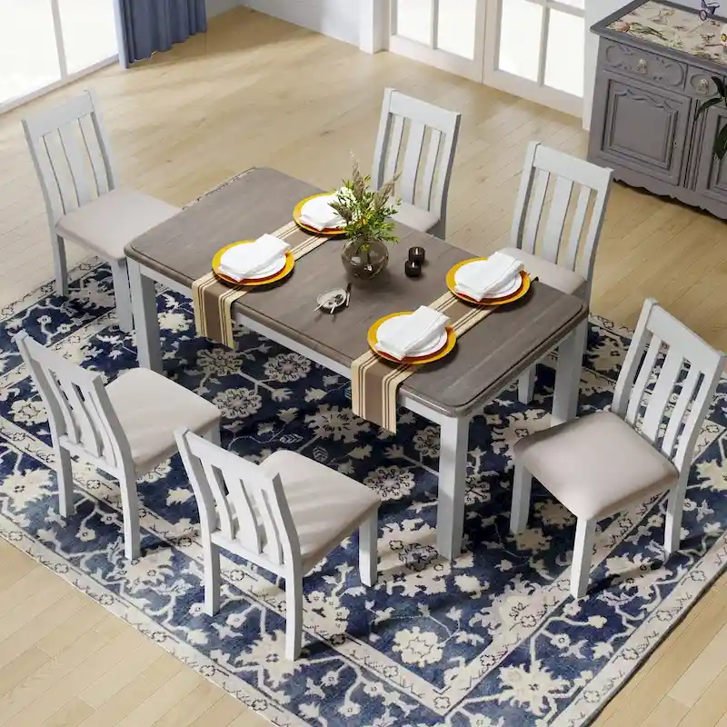 Retro Style 7-Piece Dining Table Set with Extendable Table and 6 Upholstered Chairs