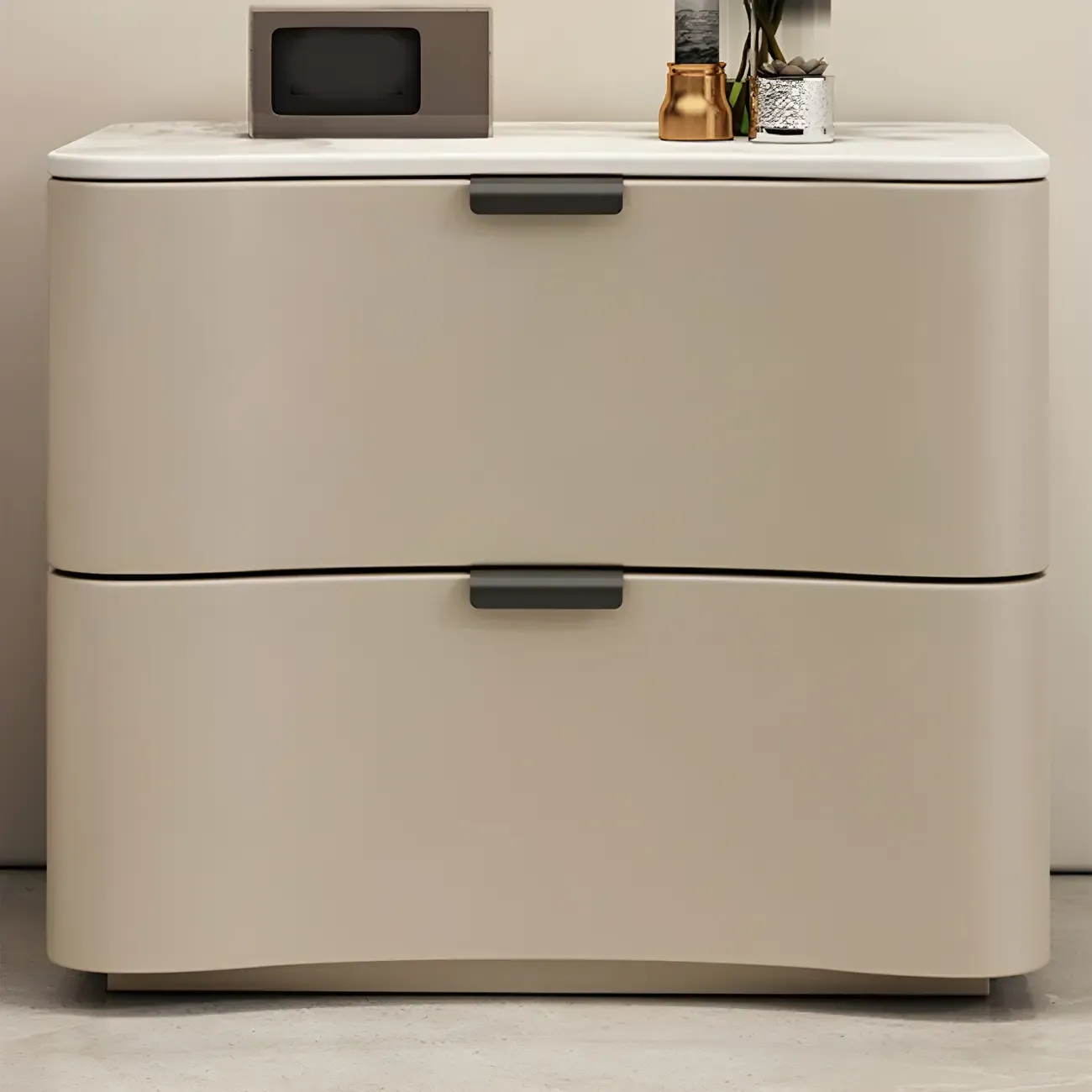 Modern Waved Stone Top Leather 2-Drawer Nightstand
