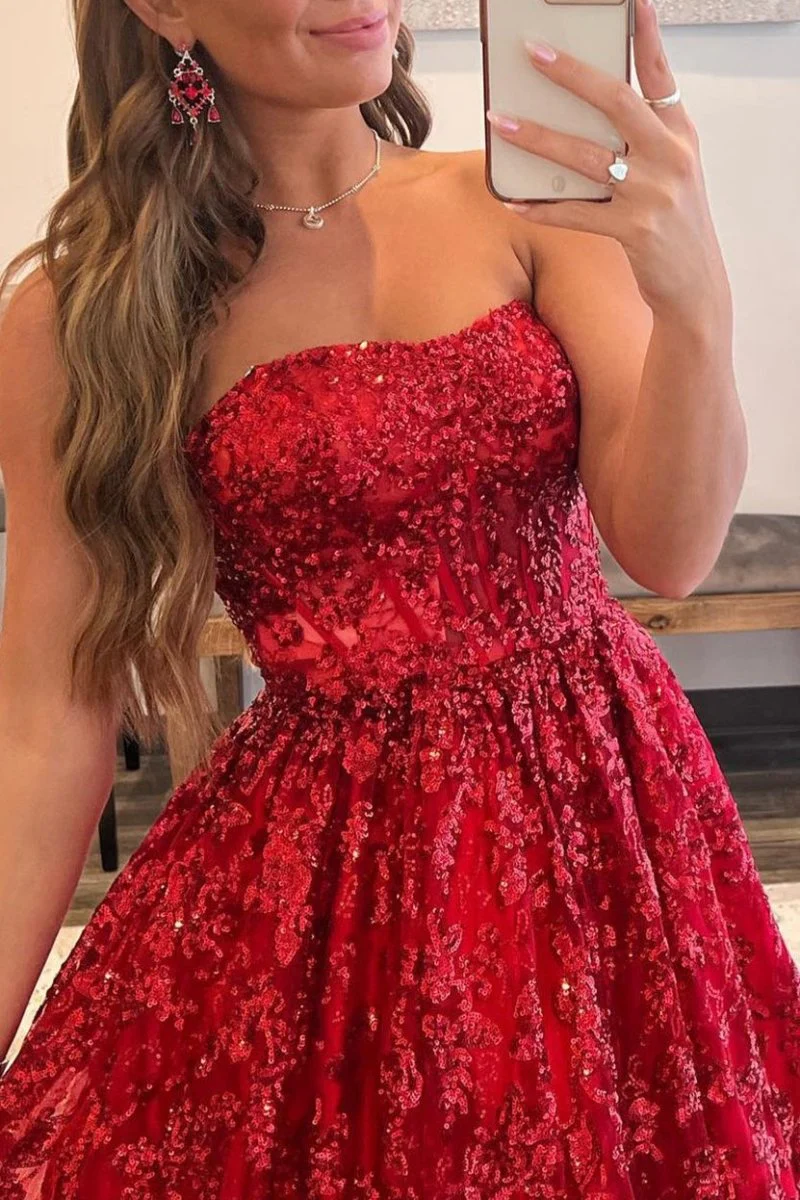 A-line Sequined Lace Long Prom Dress with Pockets