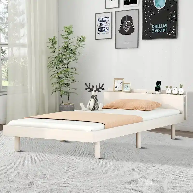 Minimalist Design Twin Size Wooden Platform Bed Frame with Charging Station