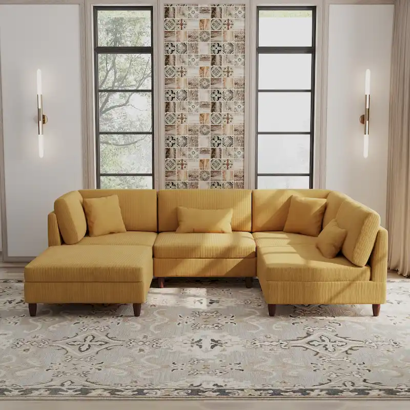 Corduroy Modular Sectional 5 Piece Sofa with Ottoman