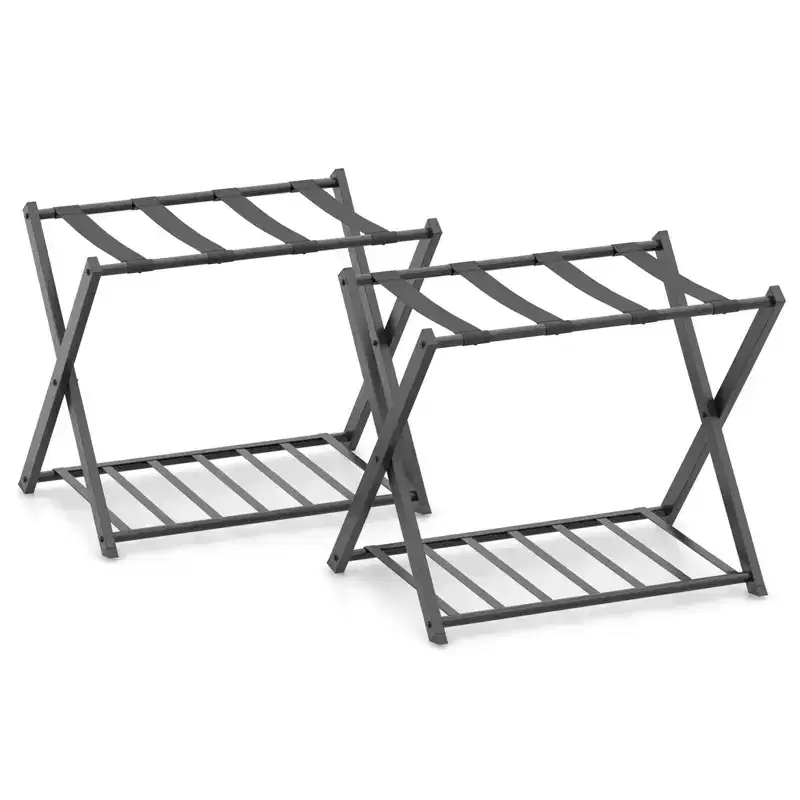 Costway Set of 2 Folding Metal Luggage Rack Suitcase Shoe Holder Hotel Guestroom w/Shelf
