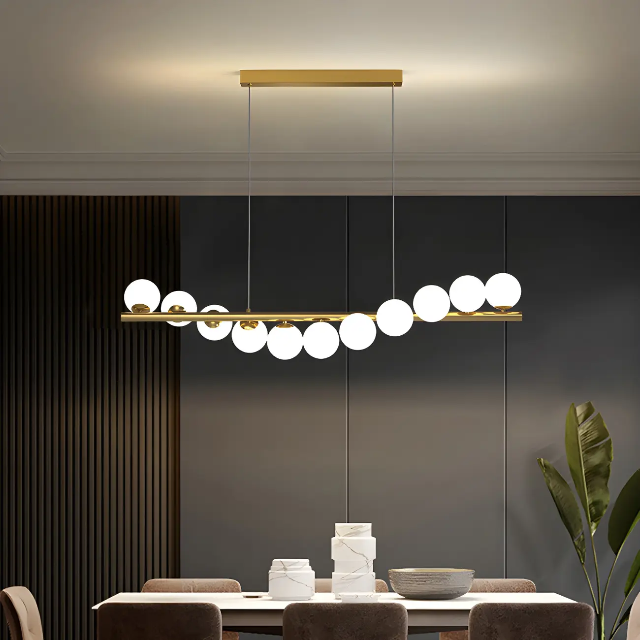 Sleek Modern Gold Glass Globe Island Chandelier