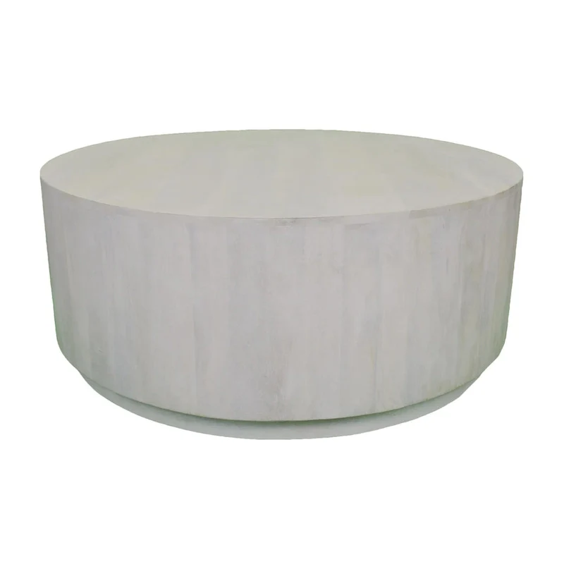 White Rustic Round Coffee Table, Solid Wood, 1-Seat