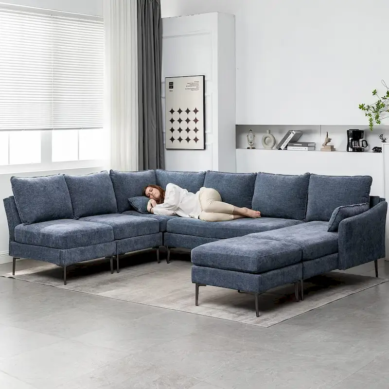 U-Shaped 6-Seat Sectional Sofa, Reversible Sleeper in Modern Chenille Design, with Chaise Lounge and Ottoman