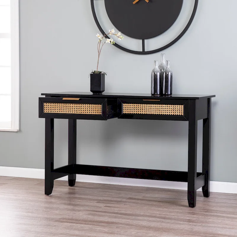 Black 2-Drawer Console Table with Rattan Accents