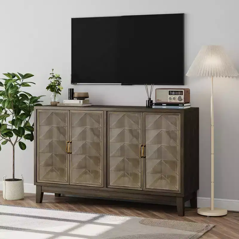 TUYOHW Brown Sideboard Buffet Cabinet,Accent Cabinet with 4 Doors,Storage,Solid Wood Panels,Adjustable Shelves,Buffet Table for Dining Room,Kitchen