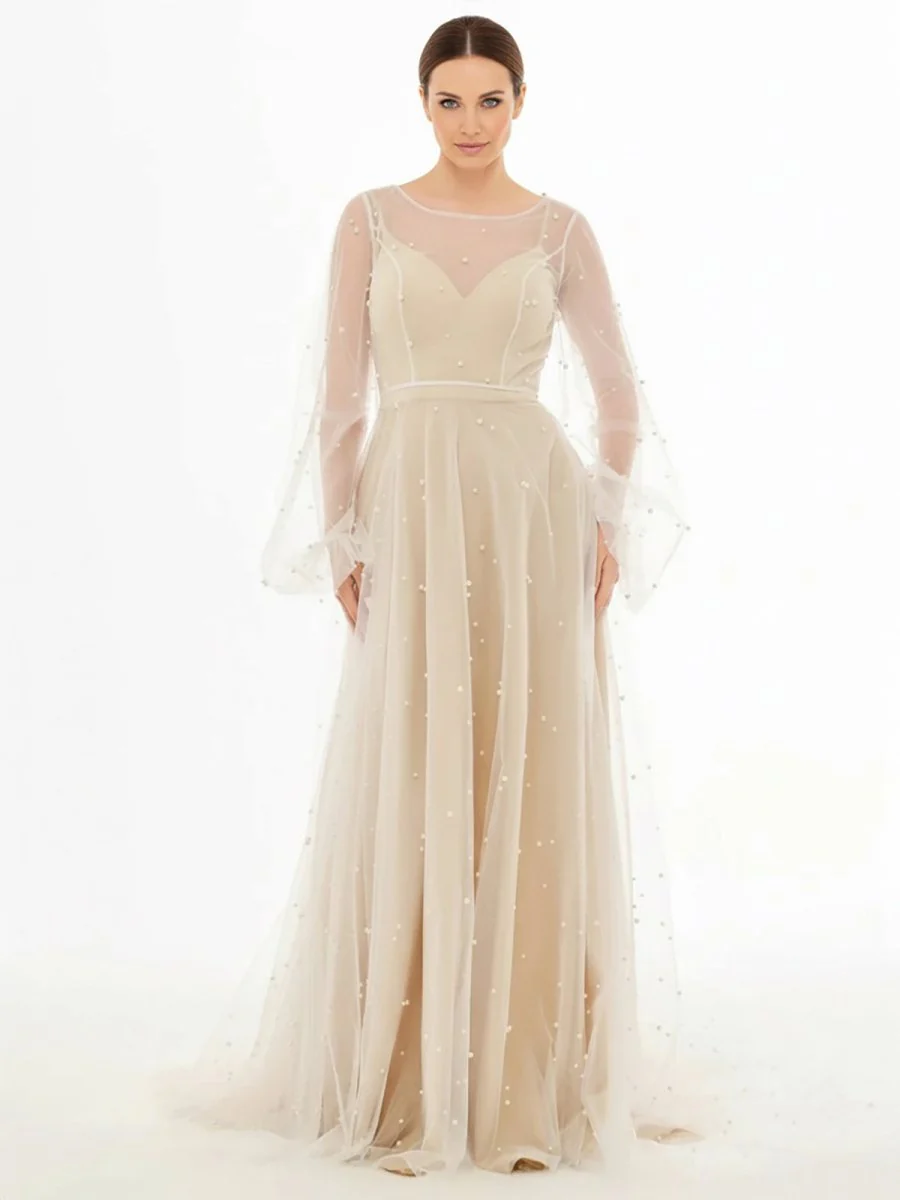 Simple Modest A-Line Long Sleeve Tulle Elopement Illusion Wedding Dress with Pearl