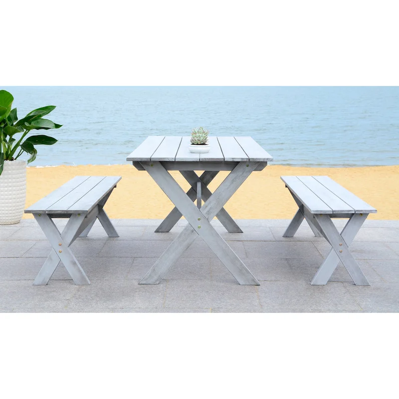 SAFAVIEH Outdoor Living Marina Grey 3-piece Table and Bench Dining Set - 35