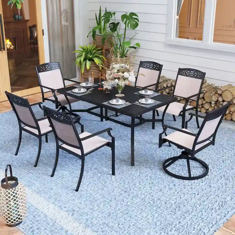 7-Piece Patio Dining Sets, 6 Chairs Made from Sturdy Alu Frame and Breathable Textilene Sling Fabric and I Metal Table
