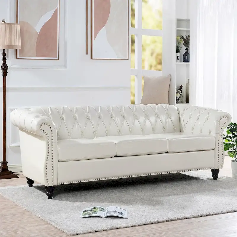 Tufted Sofa - Faux Leather, Rolled Arms Design, Seats 3