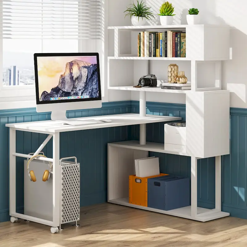 Rotating L-Shaped Computer Desk with 5-Shelf Bookshelf – White / Black / Brown / Grey, Modern Style