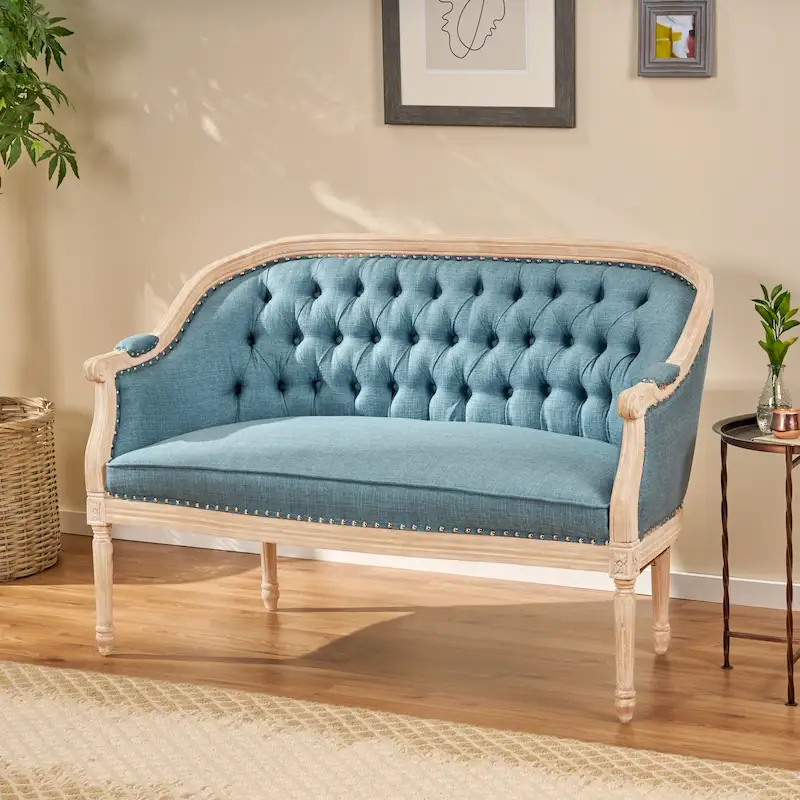 Button-Tufted Upholstered Loveseat with Scrolled Arms and Nailhead Trim