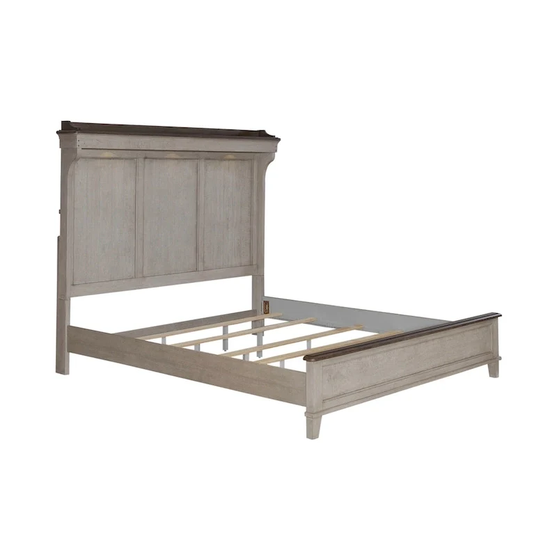 White Weathered Linen King Mantle Panel Bed with Touch LED Headboard & Dusty Taupe Accents – 2-Person