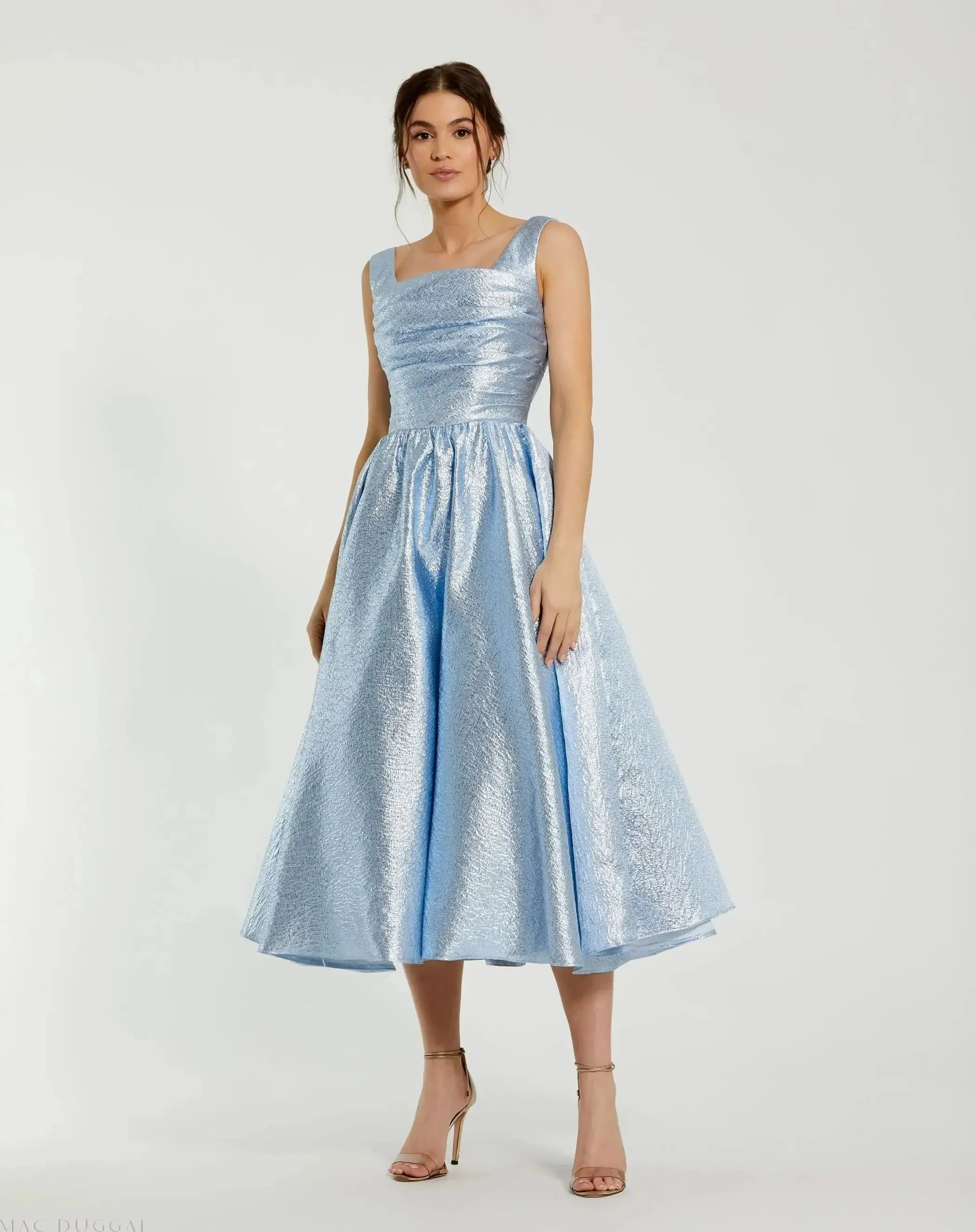 Blue Taffeta Square Neck Sleeveless A-Line Midi Dress