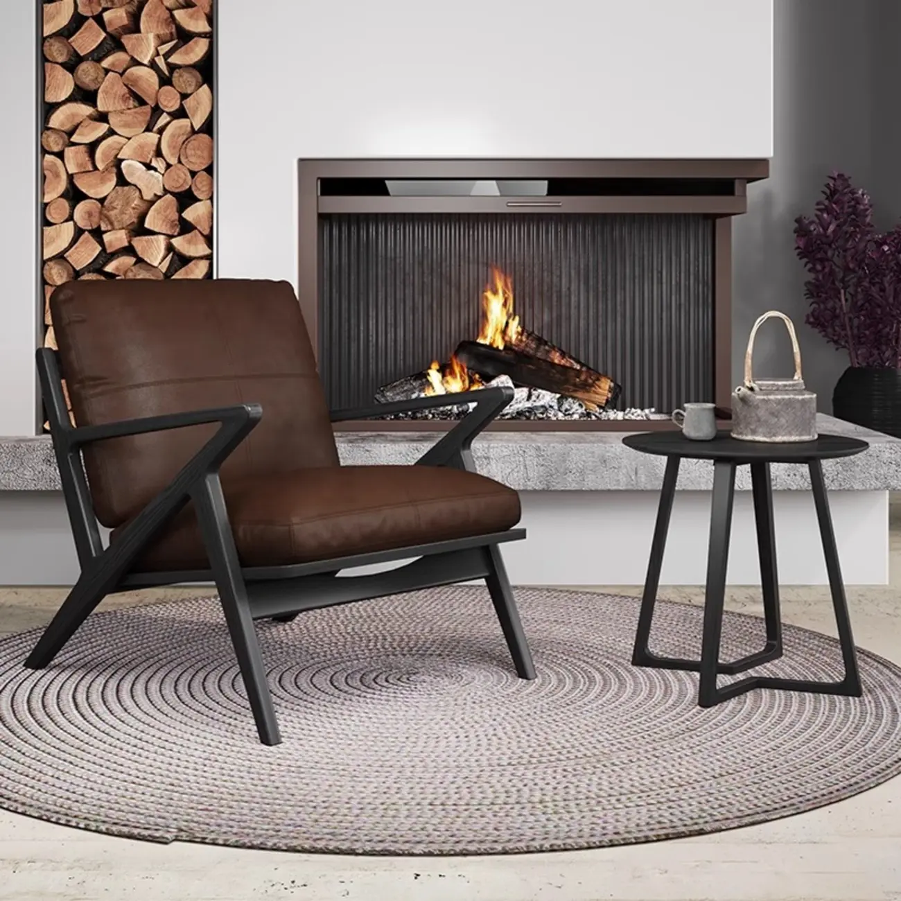 Brown Genuine Leather High Back Armrest Accent Chair