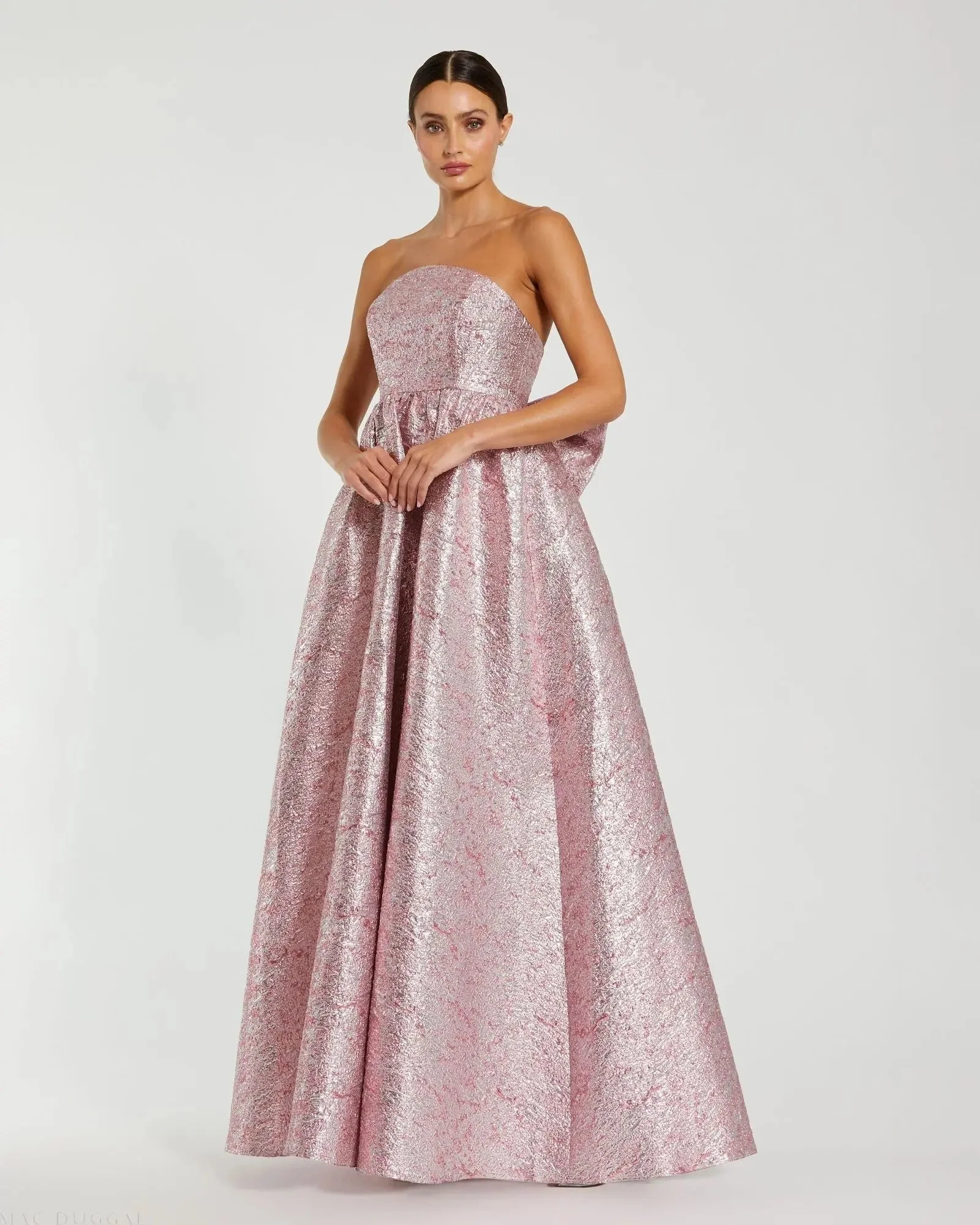 Pink Metallic Strapless Brocade Gown With Oversized Bow