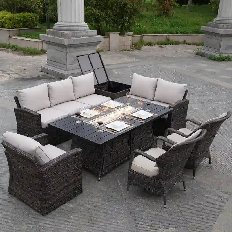 7-Piece Patio Rattan Sofa Set with Aluminum Dining Table and Armchairs