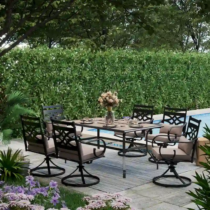 MAISON ARTS 7-Piece Outdoor Dining Set Geometric Rectangle Table & Elegant Cast Iron Pattern Swivel Dining Chairs