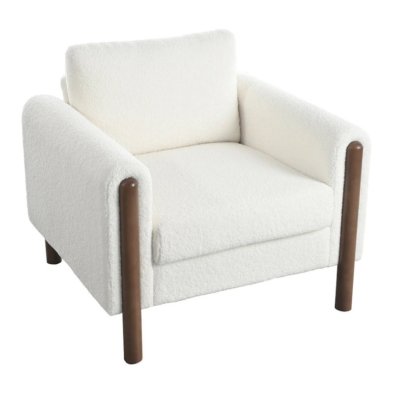 White 33.5 Upholstered Accent Chair with Walnut Legs and Curved Handrail