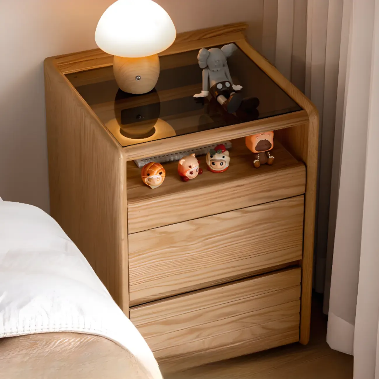 Natural Wooden Multi-Drawer Nightstand with Glass Top