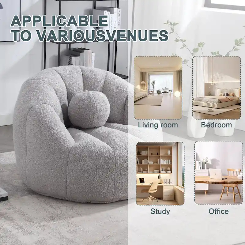 HOMEFUN Boucle Upholstered Round Lazy Cozy Bean Bag Chair With a Pillow