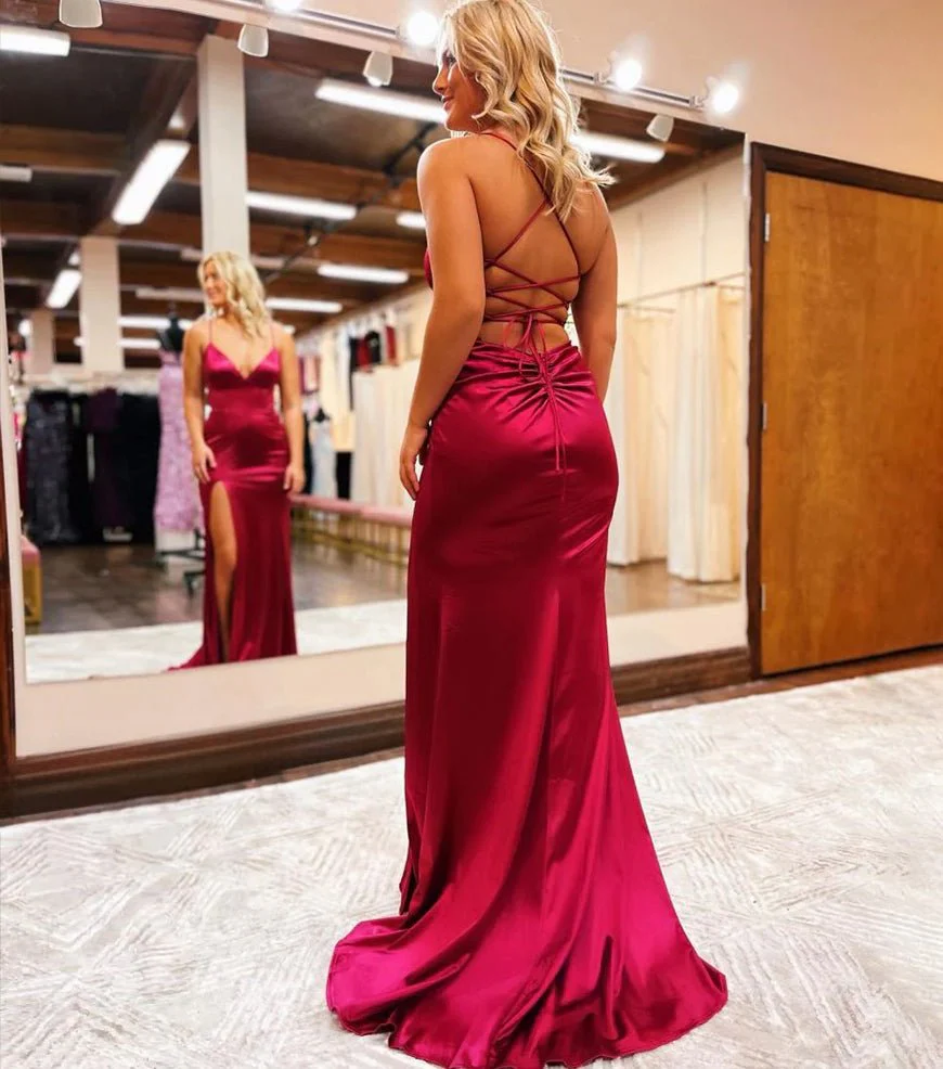 Mermaid Spaghetti Straps Satin Prom Dress with Slit