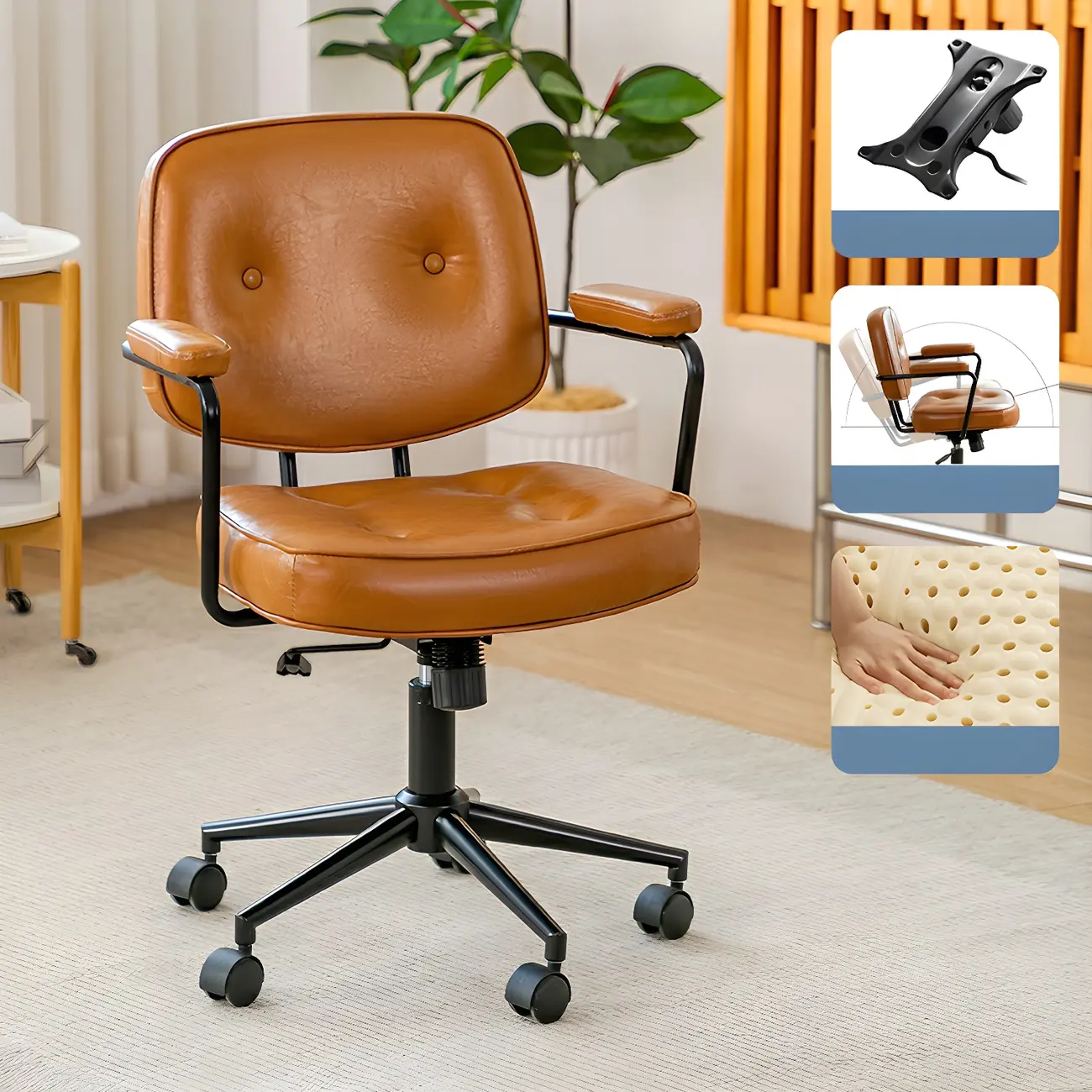 Modern Brown Leather Swivel Low-Back Office Chair