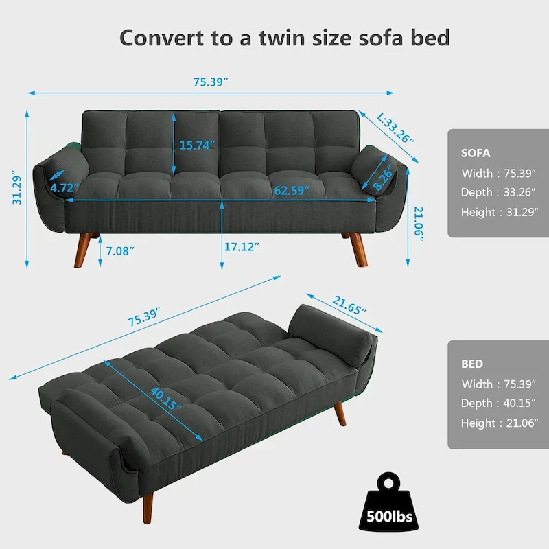 75.39 IN. Futon Sofa Bed, Convertible Upholstered Couch Sleeper with Reclining Sleeper Split Tufted Back