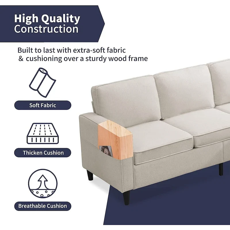 Mixoy 78inch Modern 3-Seat L Shaped Upholstered Sofa with Ottoman