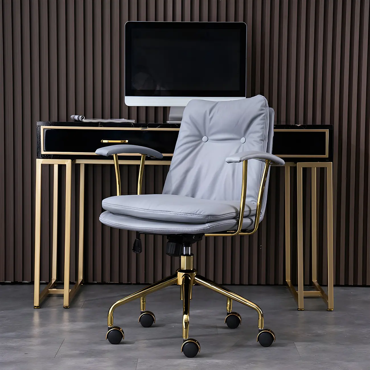 Gold Base Tufted Leather Adjustable Office Chair