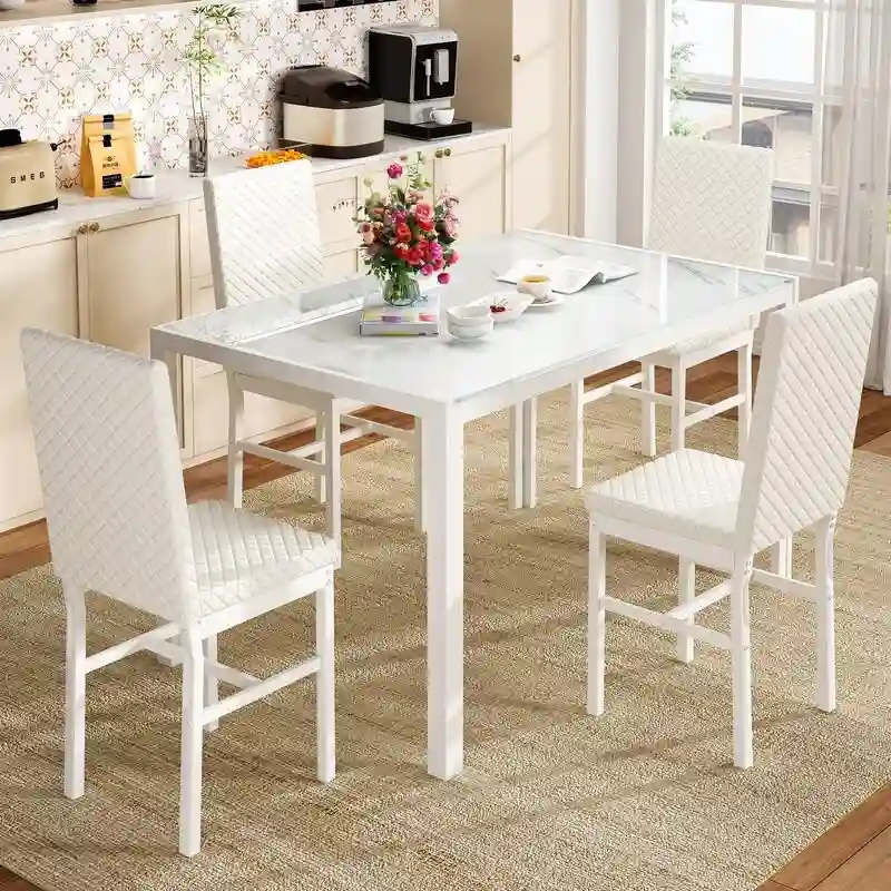 Modern Dining Room Table with Tempered Glass Tabletop and Diamond Stitching PU Leather Chairs