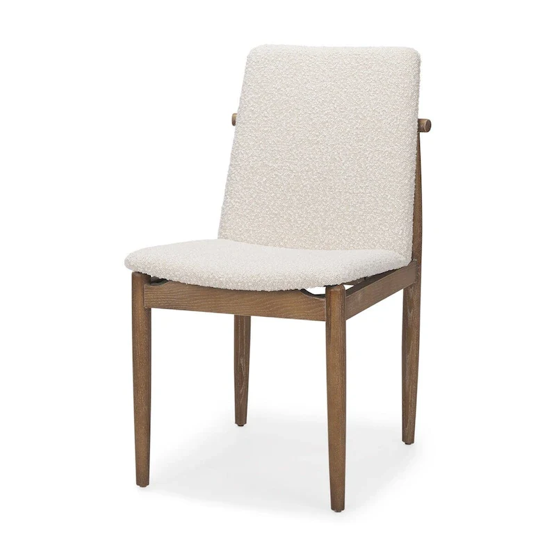 Cream Boucle Upholstered Dining Chair with Dark Brown Wood Frame