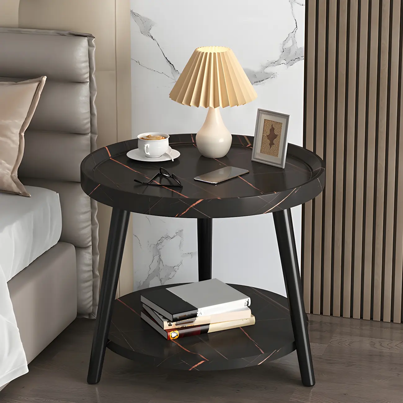 Natural Espresso Wood Small Round End Side Table with Tray Top & Shelf