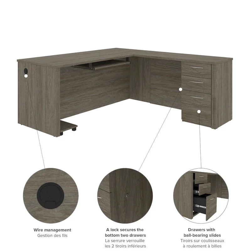 Brown L-Shaped Desk with Keyboard Tray and 3 Drawers