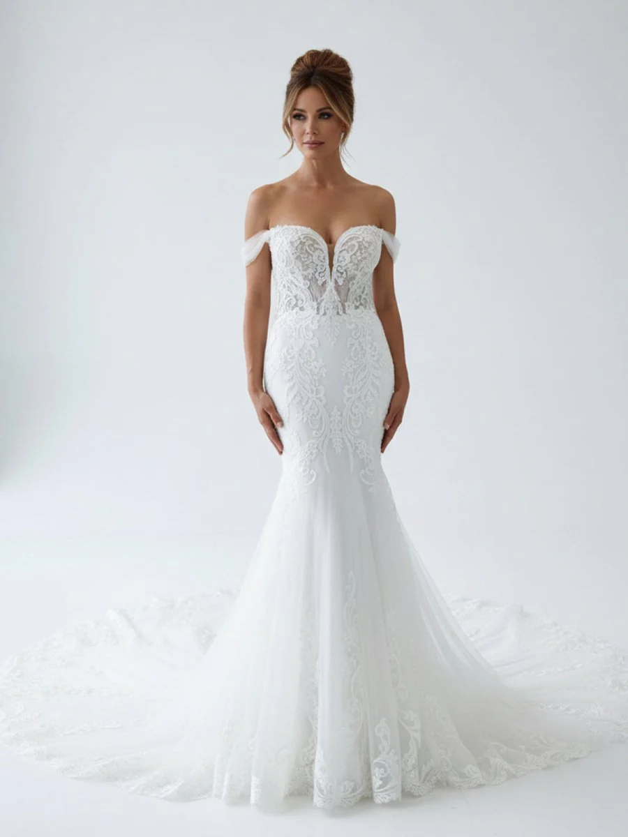 White Long Tulle Mermaid Wedding Dress with Lace Appliques