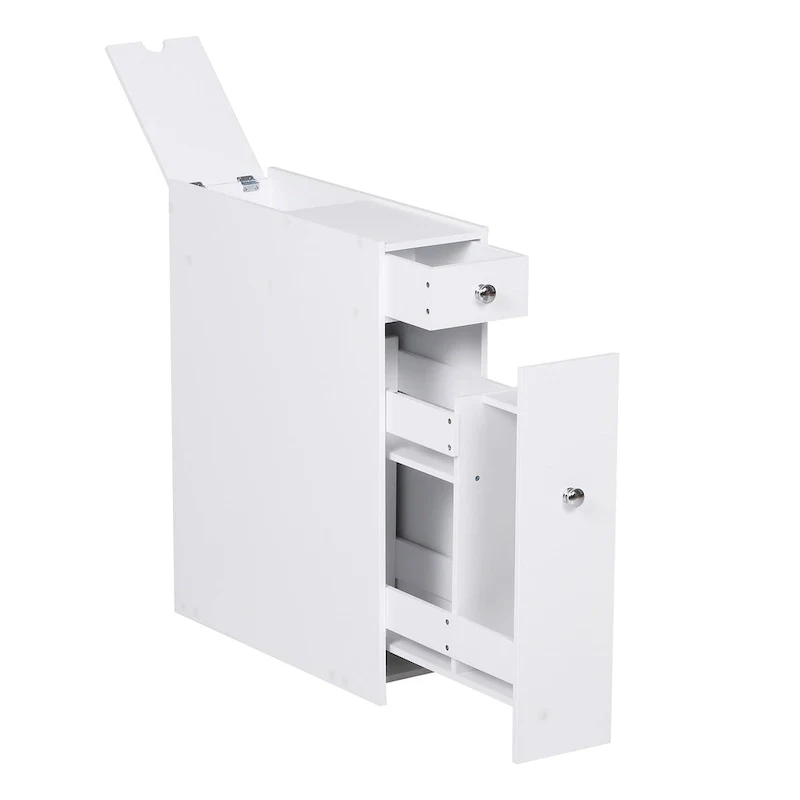 White Narrow Bathroom Floor Cabinet with Slide-Out Drawers & Toilet Paper Holder – 6.75W x 23H