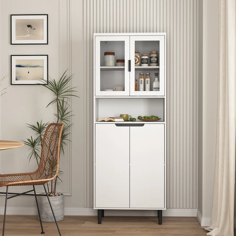 Tall Storage Show Cabinet with 2 Glass Display Door & 2 Doors, Modern Cabinet Freestanding for Bathroom, Dining Living Room