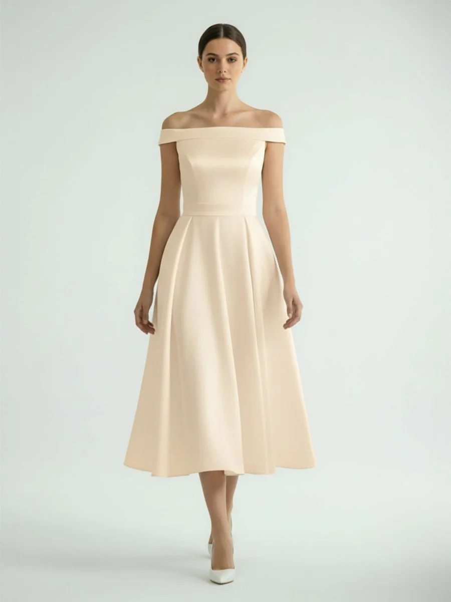 Sleeveless Tea-Length Satin Wedding Dress With Sash And Off-The-Shoulder Neck