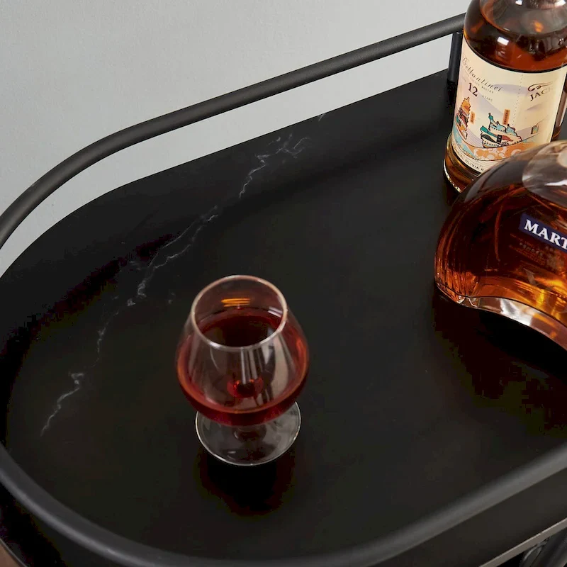 Black Wood Kitchen Cart with Wine Rack & Glass Holder Beverage Cart 2-Tier Mobile Bar Serving Cart Rolling Drink Trolley