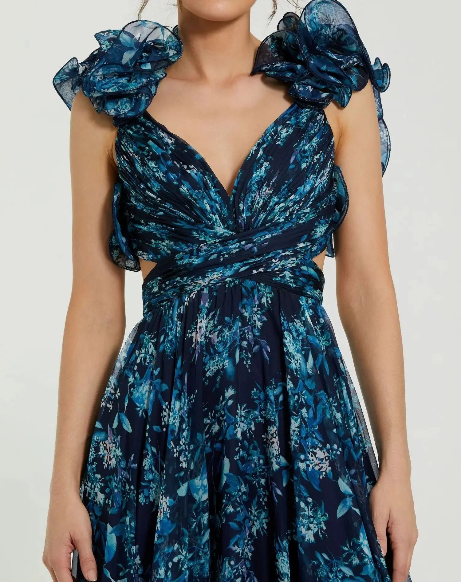 Navy Tiered Floral Cut-Out Chiffon Gown