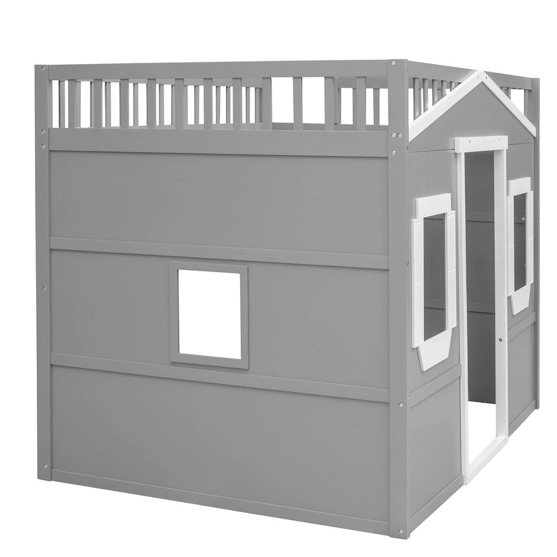 House Loft Bed With Ladder-Gray+White Frame