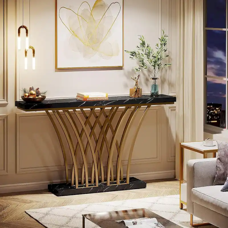 White Faux Marble Console Table with Gold Metal Frame for Entryway