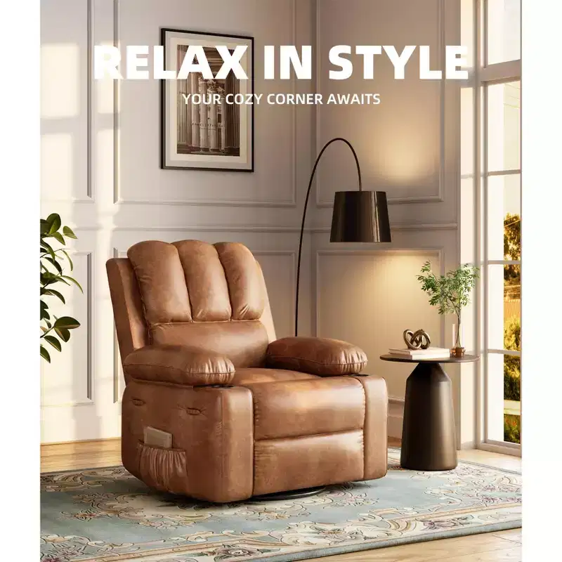 Extra-large swivel rocking chair with heating and massage functions, manually adjustable backrest, ergonomic support, double cup holders