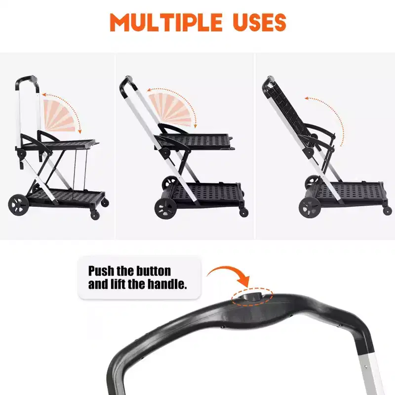 Heavy Duty Collapsible Utility Cart with Wheels - Folding Mobile Office Organizer and Rolling Multipurpose Storage Trolley - Portable Black